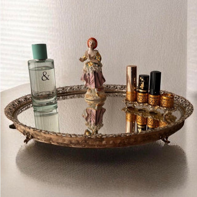 Vintage Ornate Vanity Tray or Standing Mirror With a Gold Filigree Frame and Feet For Sale In Greensboro - Image 6 of 10