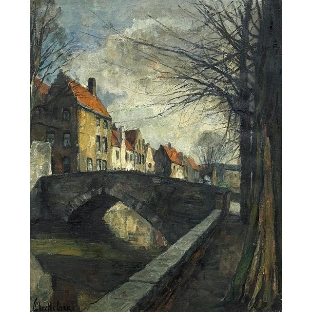 Antique Framed Oil Painting on Canvas by Leon Meechelaere (1880-1964) is a splendid representation of the ancient city of...