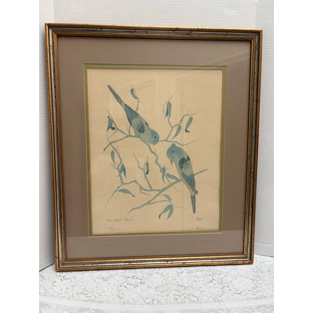 Vintage limited edition fine art watercolor elegant “Blue Bonnet” parrots. Numbered 259/300 - framed with gilded wood...