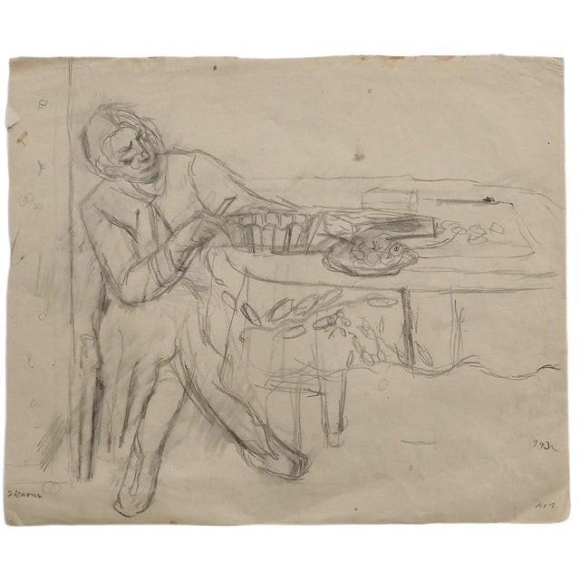 Interior Drawing in Pencil by Jeanne Daour For Sale