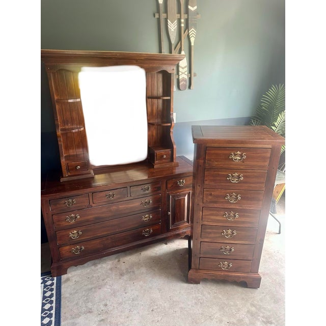 1970s Vintage Sears Open Hearth 2-Piece Bedroom Set - Dresser With Hutch & Lingerie Chest For Sale - Image 5 of 12