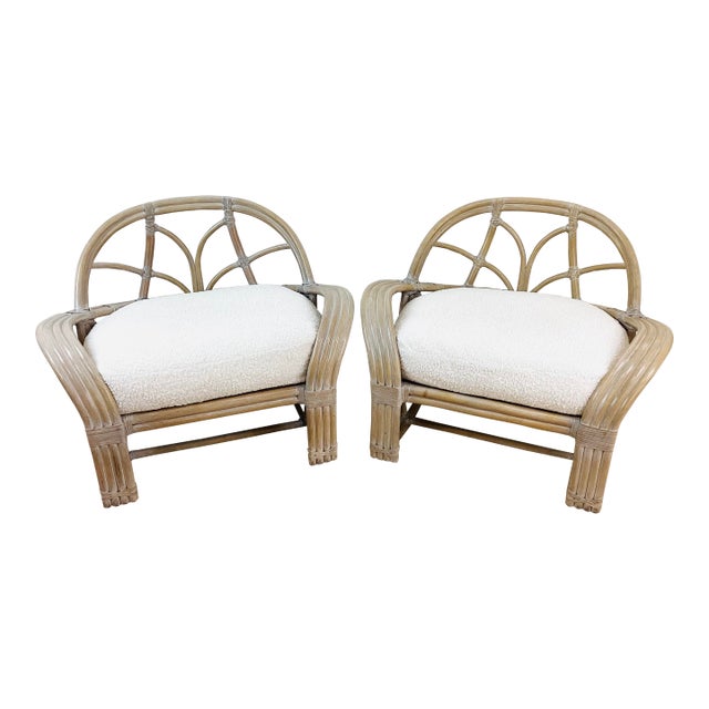 Vintage Pair of McGuire Bent Rattan & Faux Shearling Oversized Upholstered Lounge Chairs For Sale