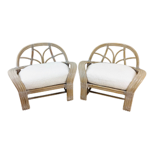 Vintage Pair of McGuire Bent Rattan & Faux Shearling Oversized Upholstered Lounge Chairs