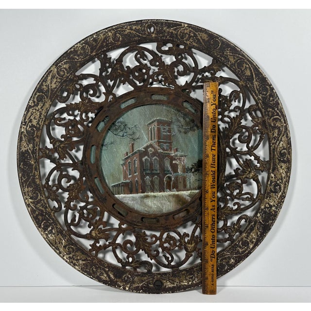 Folk Art Architectural Painting Framed in Antique Stove Pipe Collar For Sale - Image 9 of 10