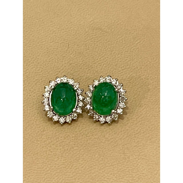 Gemstone 12 Ct Natural Emerald Zambia Cabochon & Diamond Stud Earring 14 Karat White Gold For Sale - Image 7 of 18