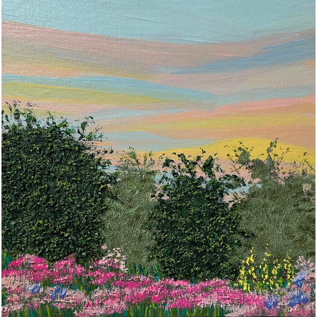 Morning Meadow Acrylic Painting Sunrise Landscape 8"x8" Original Signed Artwork For Sale - Image 6 of 7