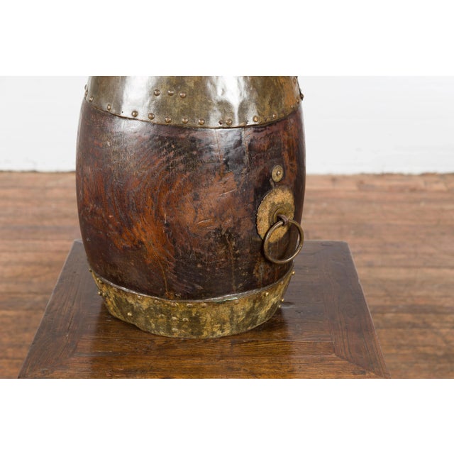Chocolate Chinese Vintage Rustic Wooden Bucket with Brass Accents and Backplate For Sale - Image 8 of 12