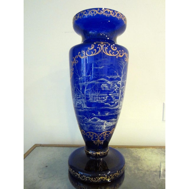 Arts & Crafts 20th Century Snow Painted Cobalt Blue Glass Vase Gold Scrolled Relief Outdoor Scene For Sale - Image 3 of 9