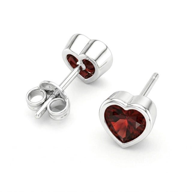 Contemporary Garnet Heart Shape Studs, Bezel Setting Garnet Studs, January Birthstone Studs - A Pair For Sale - Image 3 of 3