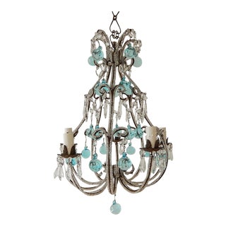 French Aqua Blue Murano Balls Beaded Swags Chandelier, Circa 1900 For Sale