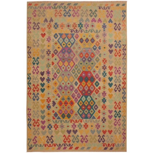 1990s Shabby Chic Turkish Beige/Rust Hand-Woven Kilim Wool Rug -6'7 X 10'0 For Sale