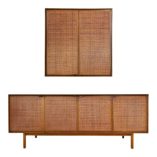 1950s Mid-Century Modern Cane and Walnut Credenza and Wall Cabinet by Jack Cartwright for Founders - Set of 2 For Sale