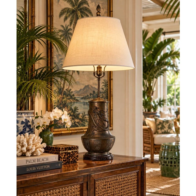 Striking 19th-century Japanese Meiji period bronze table lamp, featuring an intricately rendered high-relief dragon...