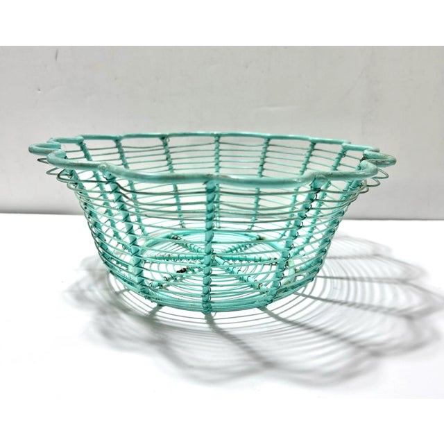 Metal Vintage Turquoise Wire Egg Gathering Basket - Farmhouse Metal Flower Form Bowl For Sale - Image 7 of 8