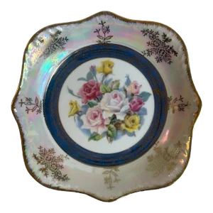 Vintage 1950s Japanese Opal Lusterware Candy Dish Porcelain With Roses Gold Trim