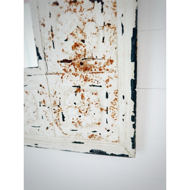 Early 20th Century Distressed White Embossed Metal & Wood Wall Mirror | Rustic Farmhouse | French Country | 20.5" Square For Sale - Image 5 of 7