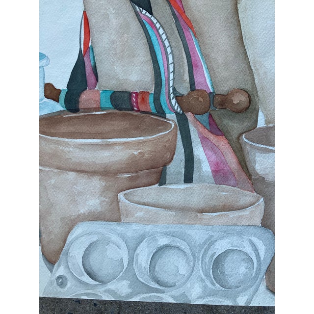 Contemporary 1970’s Original Contemporary Still Life Watercolor Painting With Clay Pots & Muffin Tins For Sale - Image 3 of 4
