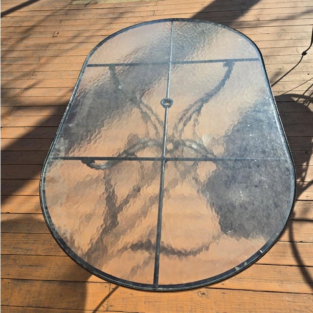 Metal Vintage Wrought Iron Outdoor Table With Glass Top and 6 Chairs For Sale - Image 7 of 14