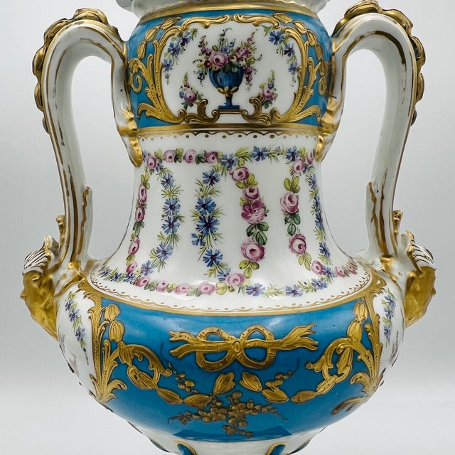 Rococo Antique French Sevres Style Porcelain Double Handled Urn For Sale - Image 3 of 16
