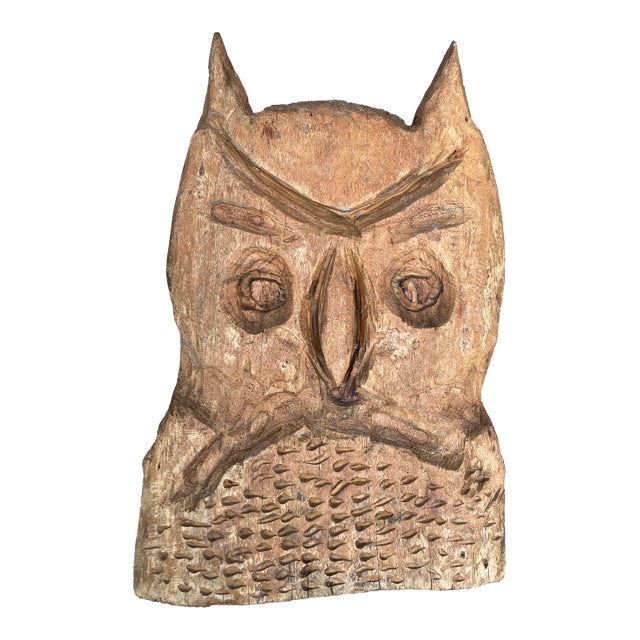 1970’s Large Carved Wood Owl Folk Art Heavy Wall Plaque Signed For Sale