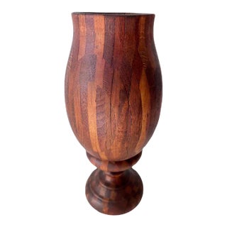 Folk Art Treenware Vase or Urn of Inlay Wood For Sale