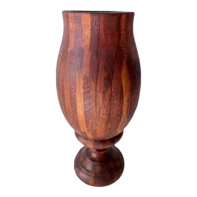 Folk Art Treenware Vase or Urn of Inlay Wood For Sale