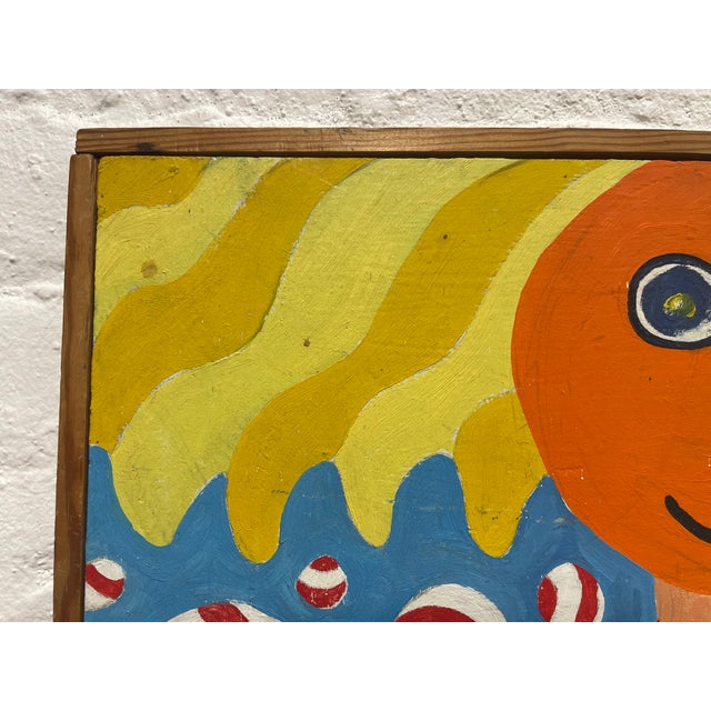 Orange Vintage Mid Century Modernist Folk Art Painting | Framed Original Mid Century Modern Artwork, C. 1972 For Sale - Image 8 of 13
