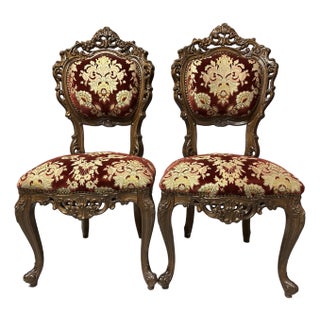 Pair of Antique Late 19th Century Rococo Revival Mahogany & Crimson Velvet Side Chairs For Sale
