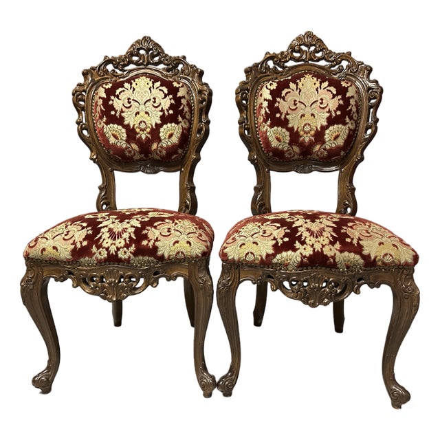 Pair of Antique Late 19th Century Rococo Revival Mahogany & Crimson Velvet Side Chairs For Sale