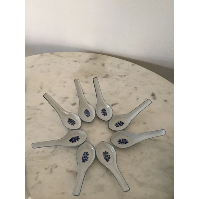 vintage Asian Rice Spoons or soup , Chinese Japanese porcelain Spoons ,Blue and White Set of 8 in great conditions with no...