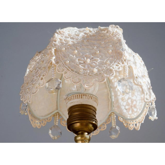 1940s Vintage Brass Base Table Lamp with Hand Sewn Organza Friezes and Pearls Lampshade For Sale - Image 5 of 6