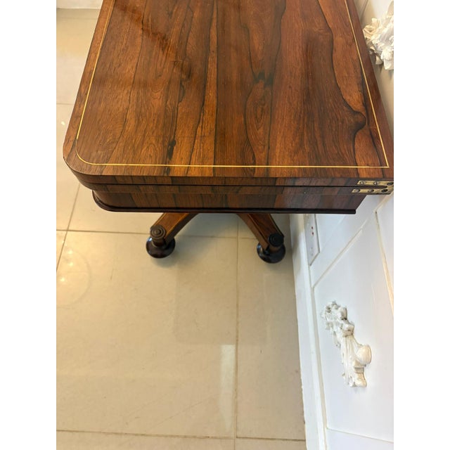 Brown Antique Regency Rosewood and Brass Inlaid Card or Console Table with Fold Over Top, 1860s For Sale - Image 8 of 12