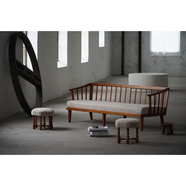 Brown Mid-Century Danish Oak Stools with Shearling Lambswool Upholstery, 1950s, Set of 2 For Sale - Image 8 of 15
