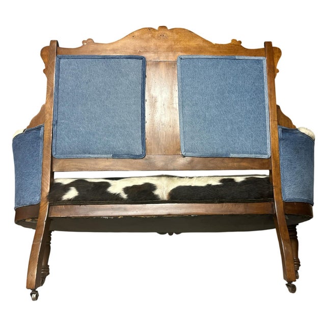 'Desperado Eastlake' 19th Century Settee Reupholstered in Cowhide and Denim 52" X 22" X 41" For Sale - Image 4 of 12