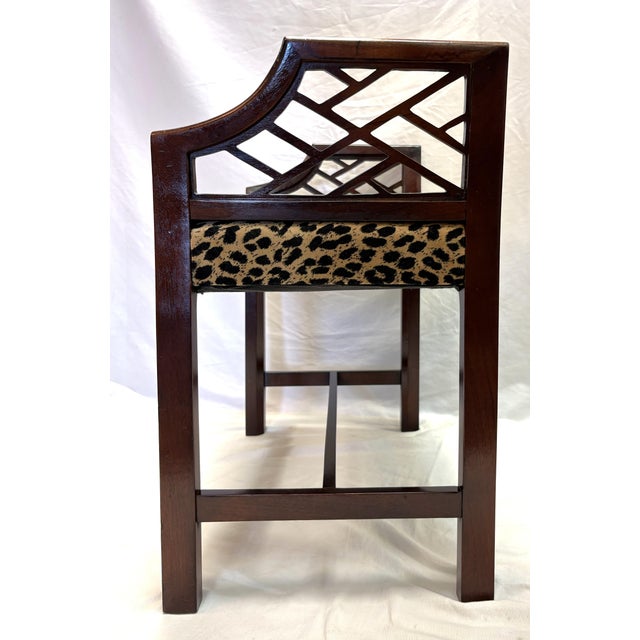 Vintage Fretwork Curved Arm Vanity Stool/ Bench With New Leopard Upholstery For Sale - Image 12 of 18