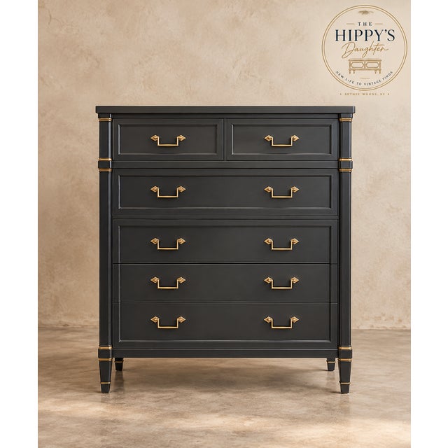 A beautifully updated vintage Drexel solid wood highboy, refinished in a sophisticated charcoal blue with elegant gold-...