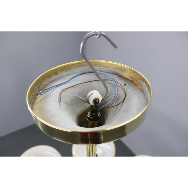 Art Deco Brass Chandelier with Opaline Glass, Czechoslovakia, 1930s For Sale - Image 6 of 15