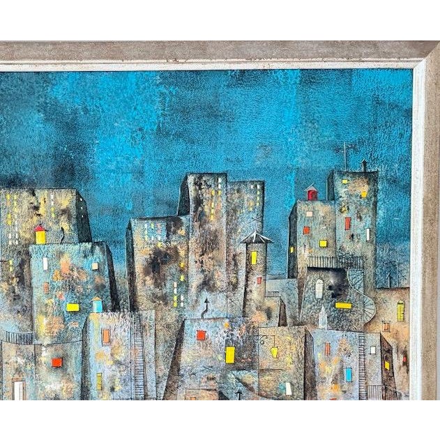 Original Leonardo Nierman Painting Arrabal Monumental 1958 Mid Century Modern Cityscape Oil on Leatherwood Masonite - 78” X 54” For Sale - Image 9 of 15