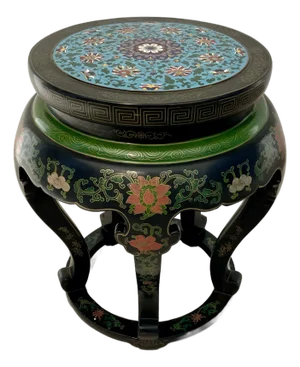 Asian Chinese Black Lacquer and Cloisonné Pedestal Stand Side Table