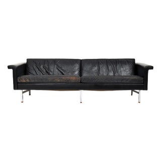 Large Danish Sofa in Leather with Chrome Legs and Teak Ends For Sale