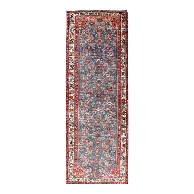 Antique Persian Bidjar Rug With Large Floral Motifs in Blue, Red, and Ivory For Sale