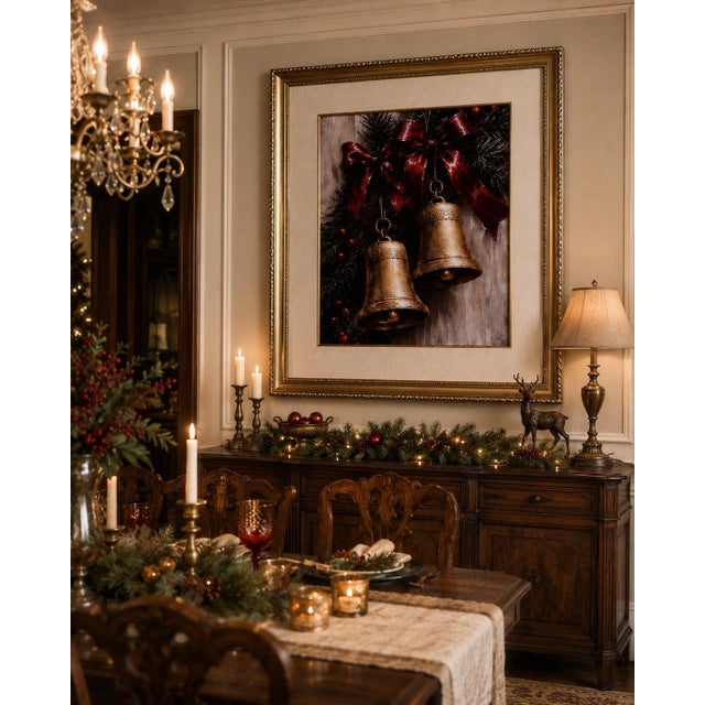 Substantial 40” Tall Framed Christmas Bell Wall Canvas Art With Ornate Gilt Wood Frame & Silk Mat For Sale - Image 9 of 11