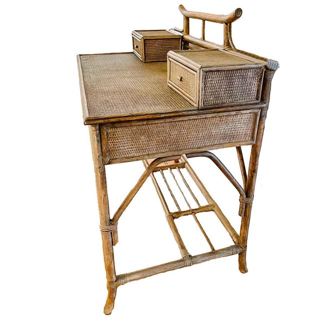 1960s Mid-Century Hollywood Regency Bamboo & Rattan Pagoda Writing Desk and Chair Set - 2 Piece For Sale - Image 5 of 11