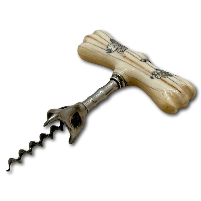 Fine & Unusual Antique American Victorian Sterling Silver Inlayon Bone Wine Corkscrew - Circa 1900 For Sale - Image 12 of 18