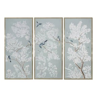 Blue Grey Chinoiserie Panels Hand Painted Unframed Wallpaper Artworks - 3 Panels For Sale