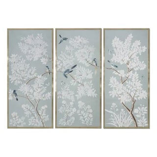 Hand-Painted Chinoiserie Wall Panel With Birds and White Foliage – Unframed 3 Panels For Sale
