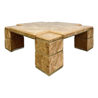 Rare Willy Rizzo Burlwood Square and Brass Coffee Table Italy 1970s For Sale
