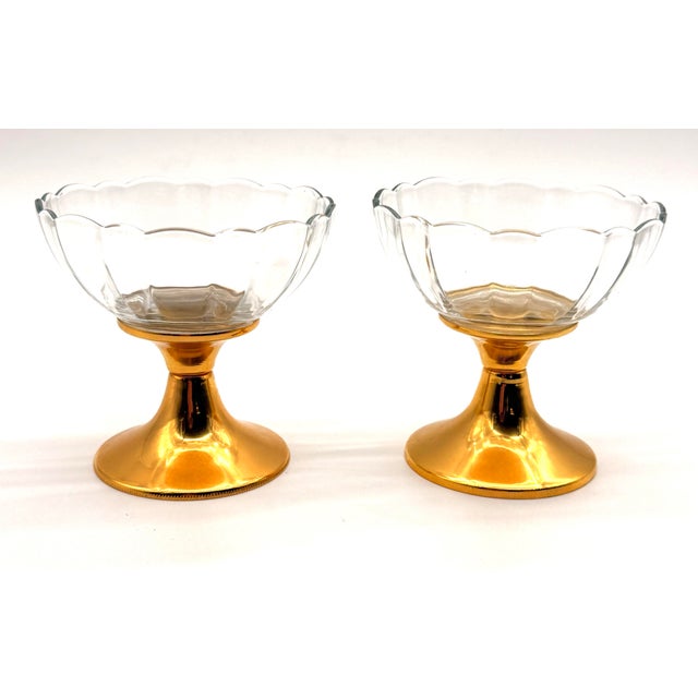 Mid-Century Modern Vintage Pair of Gold Plated Compote Crystal Serving Dishes For Sale - Image 3 of 9
