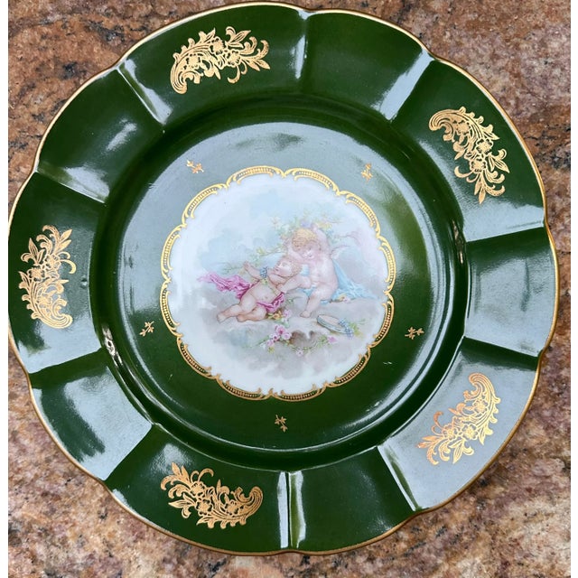 French Vintage French Hand Painted Cherubs Gold Gilt Green Porcelain Decorative Plate For Sale - Image 3 of 12