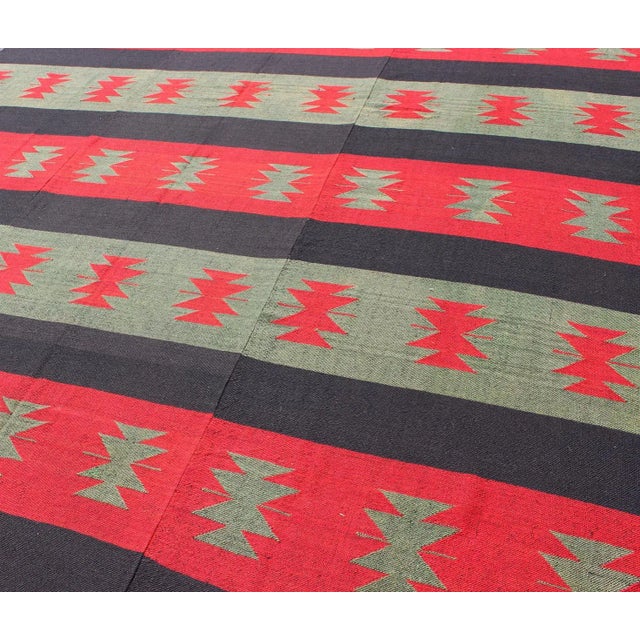 Charcoal Large Vintage Kilim Rug With Tribal Shapes and Stripes in Red, Brown and Green For Sale - Image 8 of 13